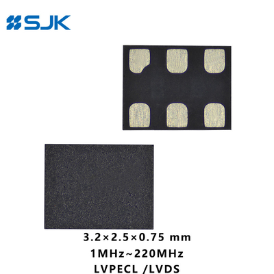 SMD 3225 Grootte Programmeerbare MEMS LVPECL Differentiële Oscillator Met 6 Pads Ondersteuning 1-220MHz 2.25-3.63V